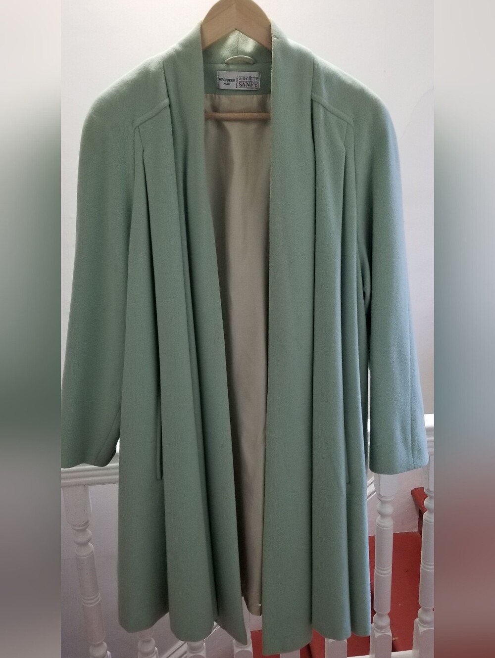 Weinberg Paris, 100% Lambswool Light Mint Open-Front Draped Coat for Women